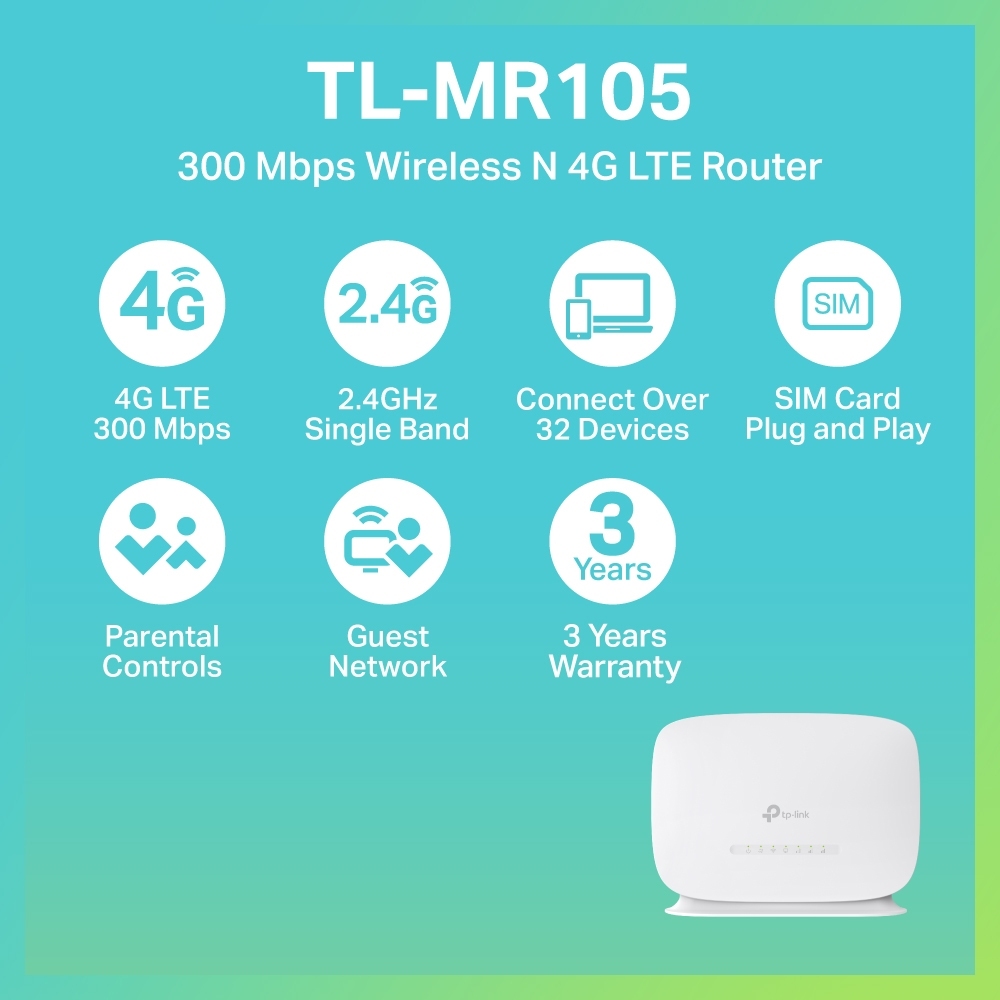 TP-Link TL-MR105 เราเตอร์ใส่ซิม4G 300 Mbps Wireless N 4G LTE Router  แชร์ไวไฟได้สูงสุด 32อุปกรณ์