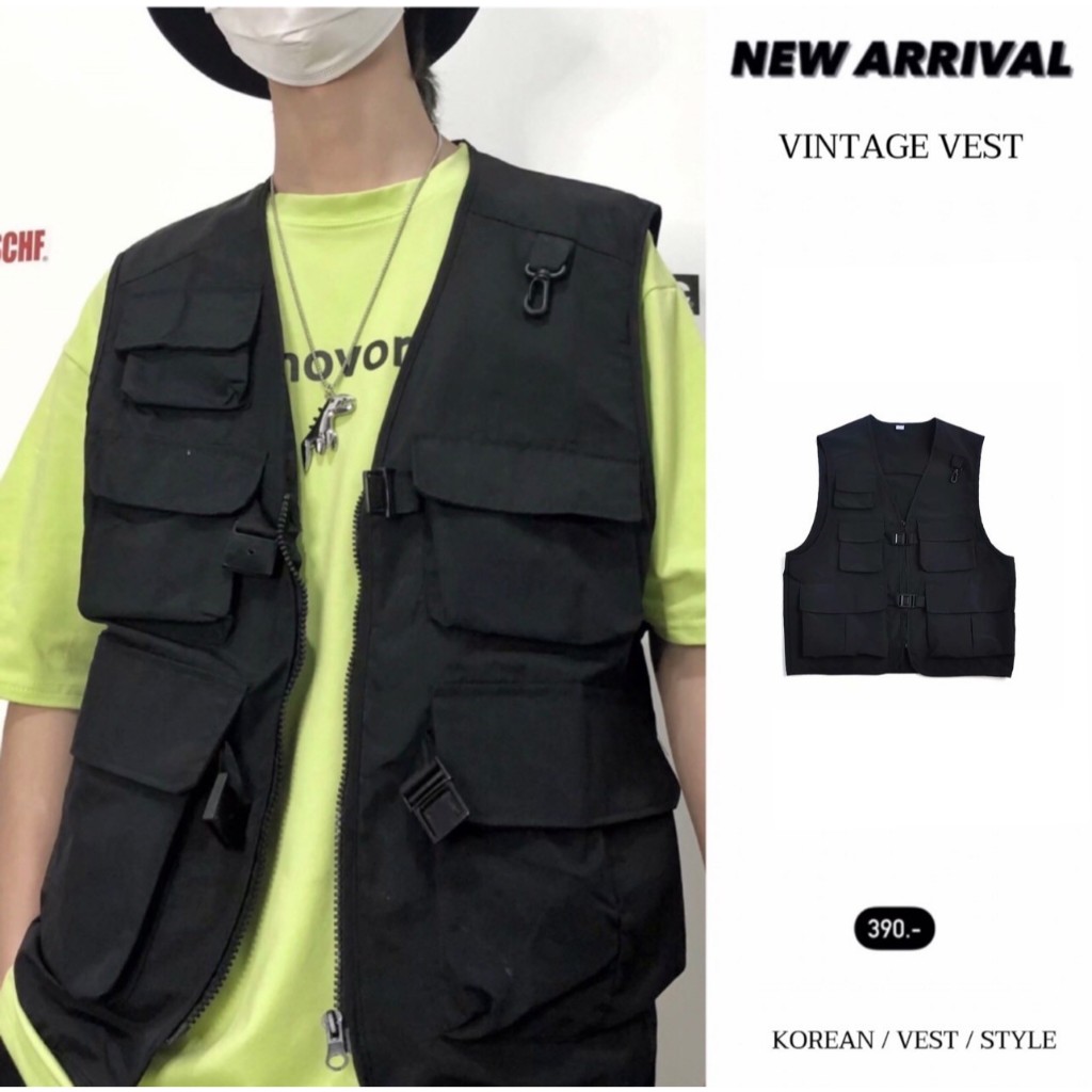 [HERMANZ] เสื้อกั๊กวินเทจ สีดำ สไตล์เกาหลี