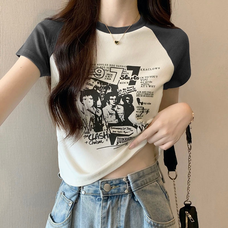 เสื้อครอปน่ารักสไตล์เกาหลี เสื้อผ้าสาวอวบแฟชั่น เสื้อยืดสวยๆผู้หญิงฤดูร้อนใหม่ เข้ารูปทรง สกรีน พิมพ์ลายวินเทจ กําลังฮิต ราคา ถูกที่สุด ดีลบีเคเค แกลเลอรีภาพที่ 4