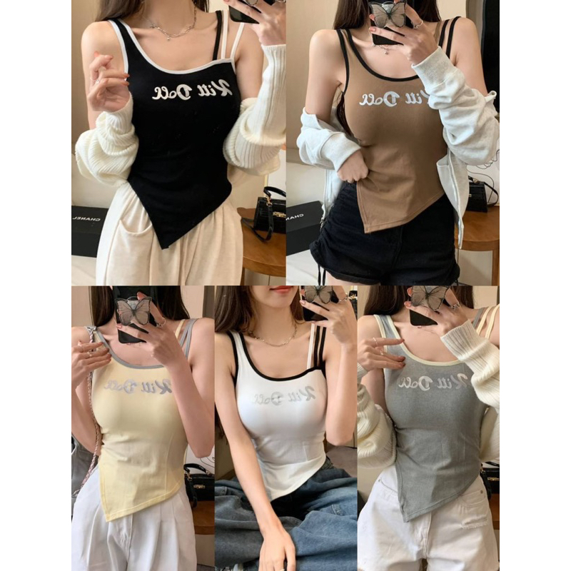 เสื้อกล้าม พิมพ์ลายตัวอักษร ทรงไม่สมมาตร สําหรับผู้หญิง