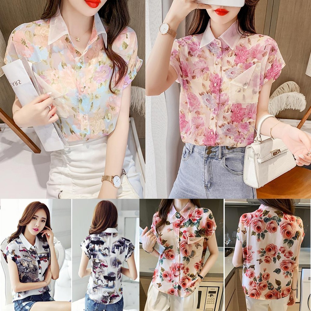 🌸MIMI&DIDI🌸 เสื้อเชิ้ตคอปกแขนสั้นทำงาน Office เสื้อฮาวาย แฟชั่น แขนสั้น สีชมพูลายดอกไม้ ผ้าชีฟอง#W328