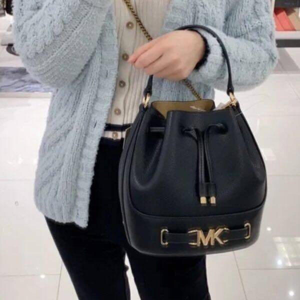 🖤MICHAEL KORS 35S3G6RM8T REED MEDIUM PEBBLED LEATHER BUCKET BAG 🖤 กระเป๋าขนมจีบMKดำหนังล้วน (ใบใหญ่)