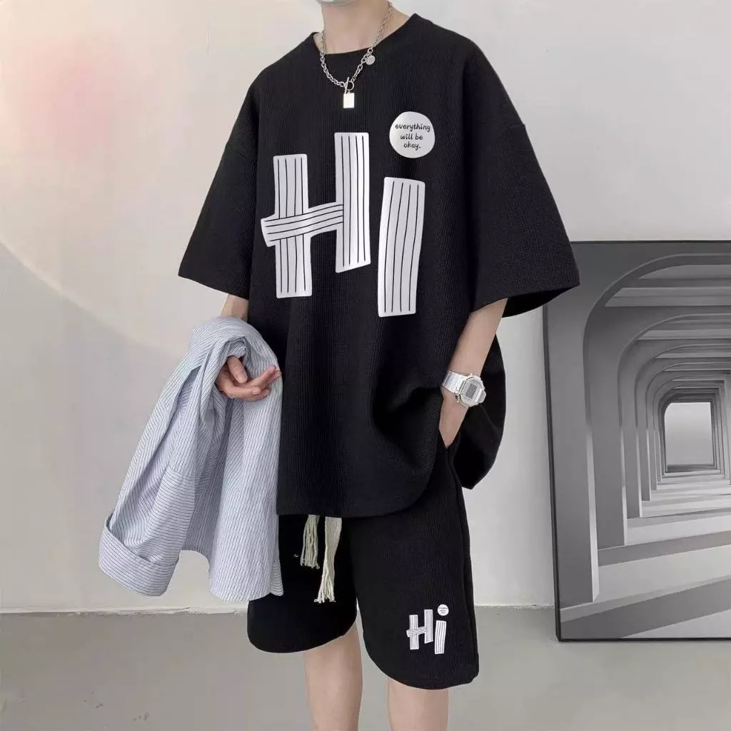 ไซส์ใหญ่ชุดสูทผู้ชาย คอกลมเสื้อยืด+กางเกงขาสั้นผ้าวาฟเฟิล ชุดเซ็ทผู้ชายชุดคู่
