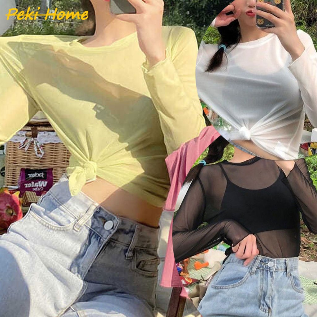 เสื้อเเขนยาวคอกลม สำหรับผู้หญิงสไตล์เซ็กซี่อินเทรนด์ เสื้อเเขนยาวบางซีทรูผู้หญิง