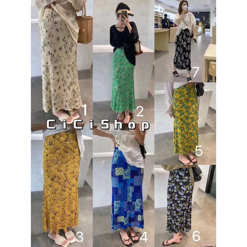 Cicishop(3020)กระโปรงยาวผ้าซาตินลายดอกไม้ เอวสม๊อคจั๊มหน้า ใส่สบายเรียบหรูลูกคุณหนูมาก