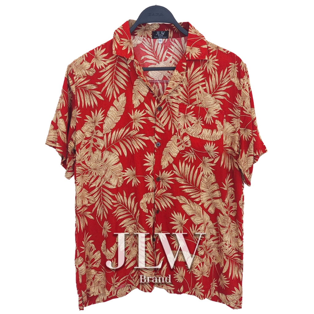 เสื้อฮาวาย ตรุษจีน ลายแดงใบทอง ผ้านิ่มใส่สบาย JLW BRAND ผ้าเรย่อน