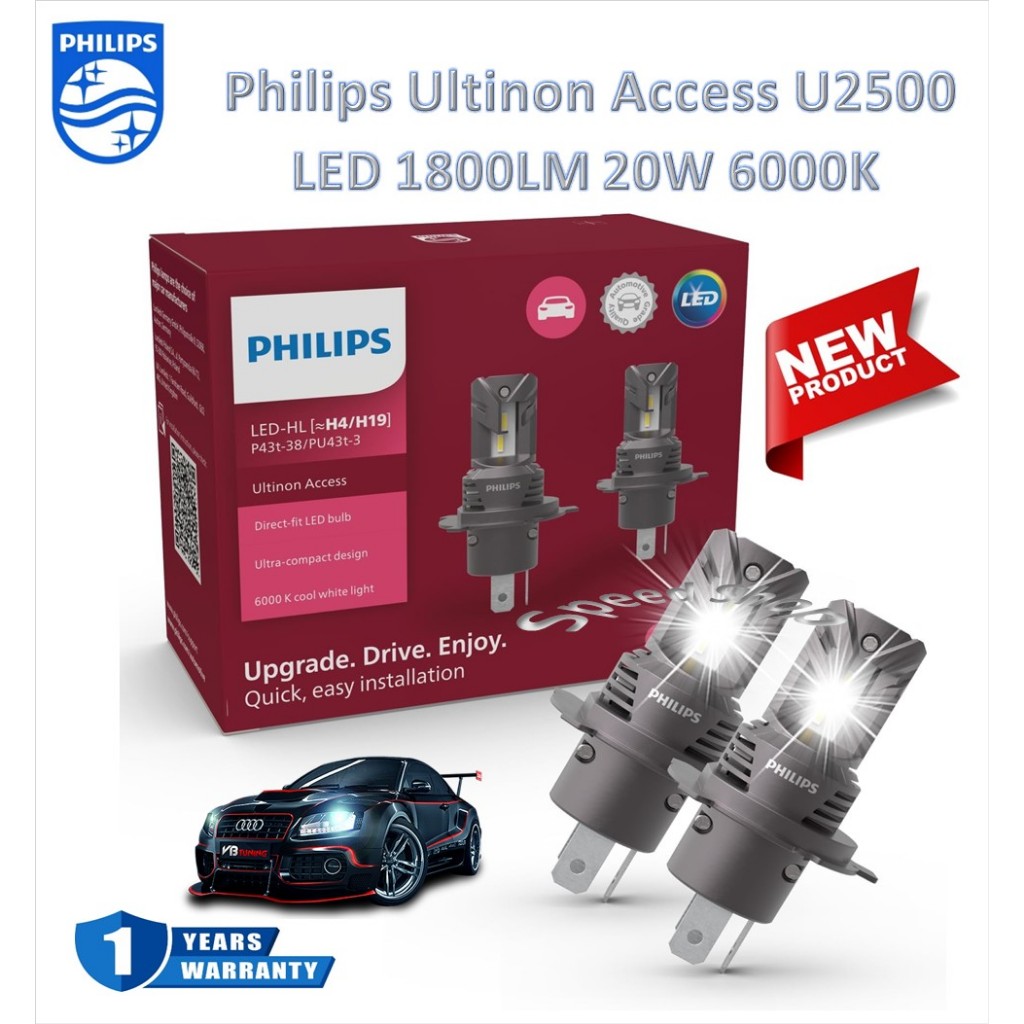Philips หลอดไฟหน้ารถยนต์ LED Ultinon Access U2500 1800LM 6000K H4/H19 รับประกัน 1 ปี