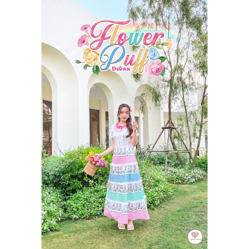 Maria diamond Flower Puff Dress เดรสยาวเเขนสั้น พิมพ์ลายแขนสั้นสุดน่ารัก (size s)