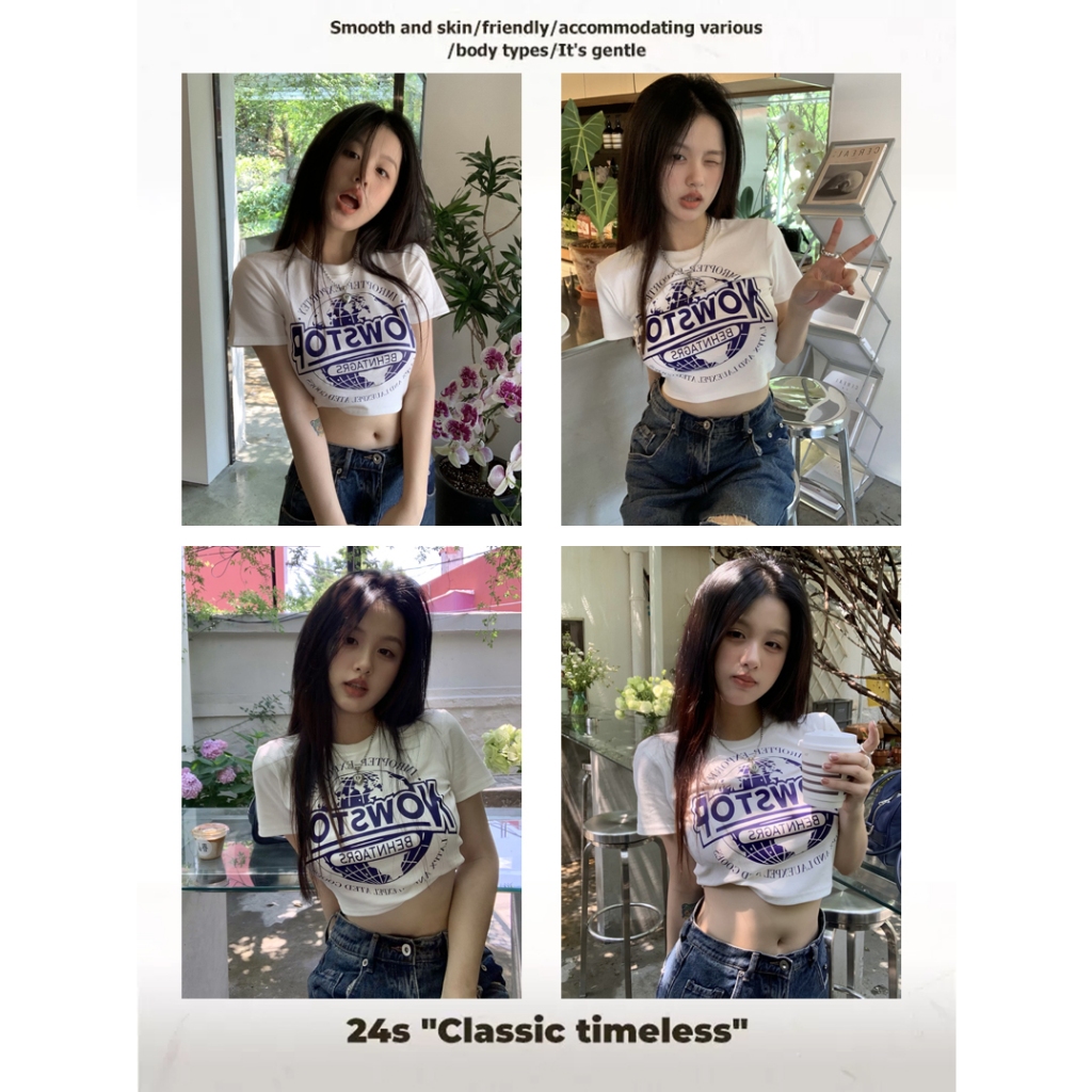 NAYIGUOJI เสื้อครอปท็อป y2k แฟชั่นผู้หญิง พิมพ์ลาย เตรียมส่งสินค้า แขนสั้นสีขาว