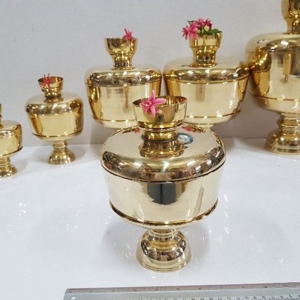 Brass byfa F1219 ขันน้ำมนต์ 6นิ้ว ขันมีฝา งานหล่อ สี่ชิ้น ขัน พาน ฝา จอกเล็ก