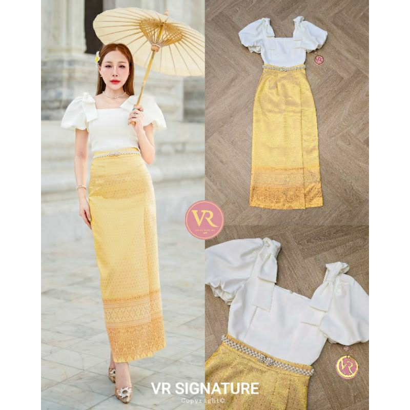 (XS-XL) VR 📣พร้อมส่งเซ็ทเสื้อคอเหลี่ยมแขนพองสม๊อคจั้มปลายแขน+กระโปรงยาวทรงจีบทบด้านหน้าเนื้อผ้าลายไท