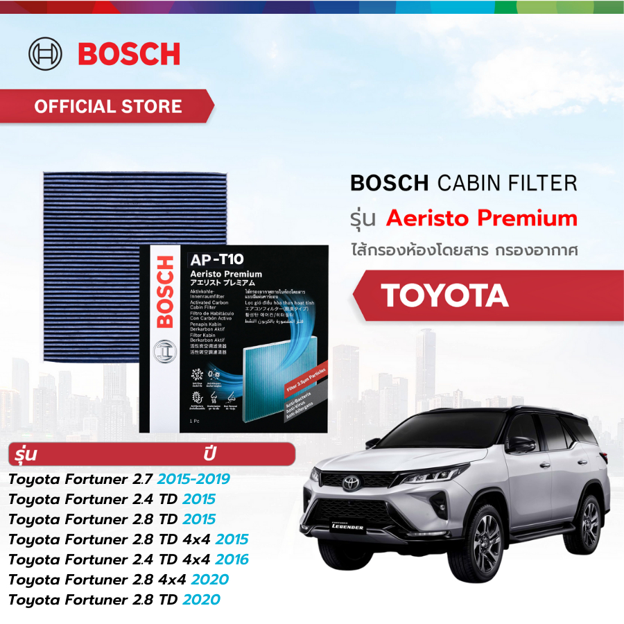 Bosch Cabin Filter รุ่น Aeristo Premium ไส้กรองห้องโดยสารToyota กรองไวรัส กรองPM2.5 Fortuner ปี 2015-2019