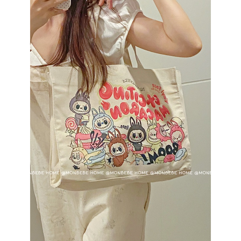 พร้อมส่ง กระเป๋าผ้า ถุงผ้าlabubuกระเป๋าผ้าแคนวาสใบใหญ่