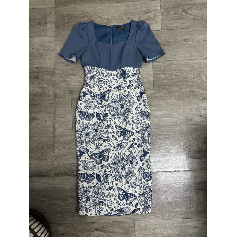 ป้าย Vegus Luxury size S มือ2 ไม่มีตำหนิ เดรสยาว ผ้าทอ เดรสคุณครู สีฟ้า