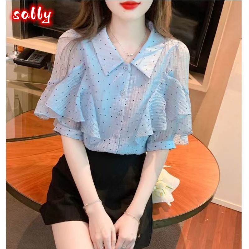 Sally จัดส่งภายใน24ช.ม สไตล์ผู้หญิง แขนสั้น คอโปโล ชีฟอง พระคุณ อารมณ์ นิ่มใส่สบาย ทรงหลวมพอดีตัว แฟชั่นฤดูร้อน