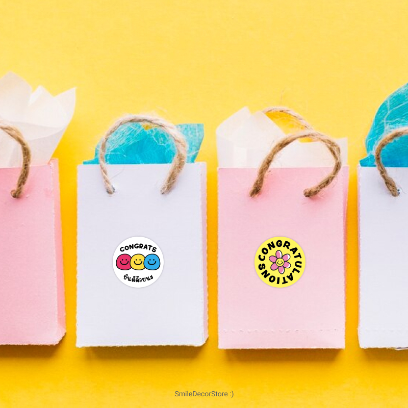 SmileSticker สติ๊กเกอร์ Congrats แพ็ก 96 ดวง ขนาด 3×3 cm สติ๊กเกอร์ PP สีขาวเงา กันน้ำ 100% รับปริญญา ปัจฉิม ราคา ถูกที่สุด ดีลบีเคเค แกลเลอรีภาพที่ 3