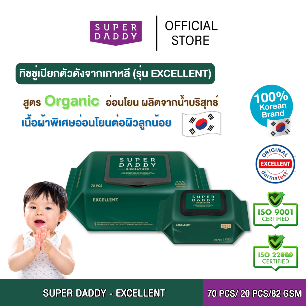 (Exp.20250312) SUPER DADDY Excellent อันดับ1 ของเกาหลี ทิชชูเปียกพรีเมียม 70แผ่น/ 20แผ่น หนาพิเศษ 82 GRM