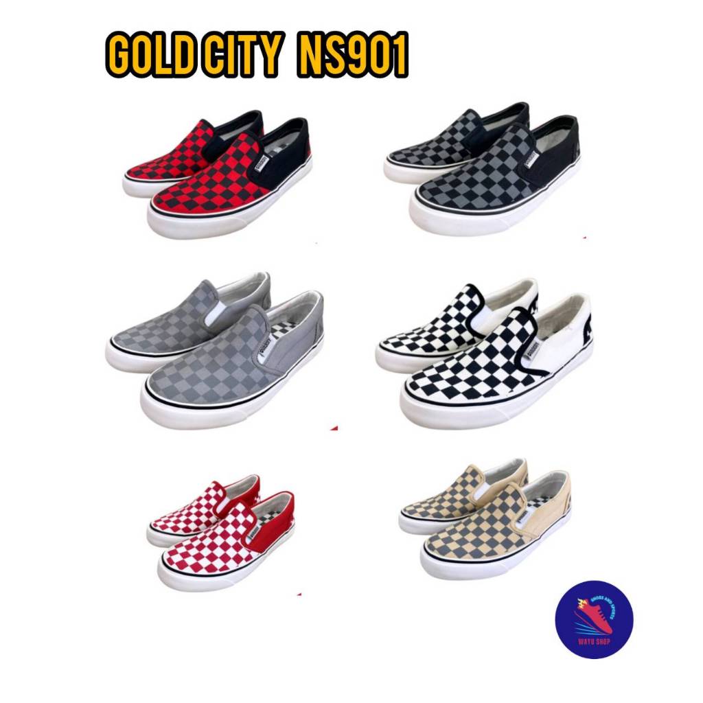 รองเท้าสลิปออน GOLDCITY แบบสวม พื้นยางพารา ลายตาราง รุ่น NS901 ส่งตรงจากโรงงาน SIZE 39-45