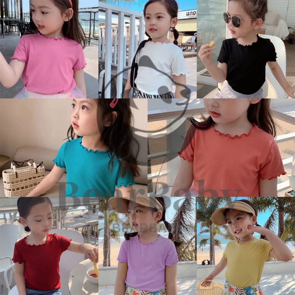 เสื้อยืดเด็กหญิง เสื้อยืดเเขนสั้นเด็ก สีพื่น ขอบใบบัว น่ารัก สำหรับอายุ1-13ปี
