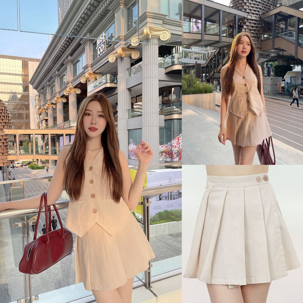 ลินินมาใหม่ SLYQ MADE ROYAL SIDE BUTTON WRAP SKIRT กระโปรงสั้นทรงเอ - จีบเทนนิส (เฉพาะกระโปร