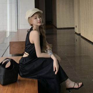 aililai1688 เดรสกระโปรงยาว สายเดี่ยว โชว์เอวข้างหลัง เดรสเข้ารูป ดีไซน์สวย สไตล์สาวหวาน ลูกคุณหนู
