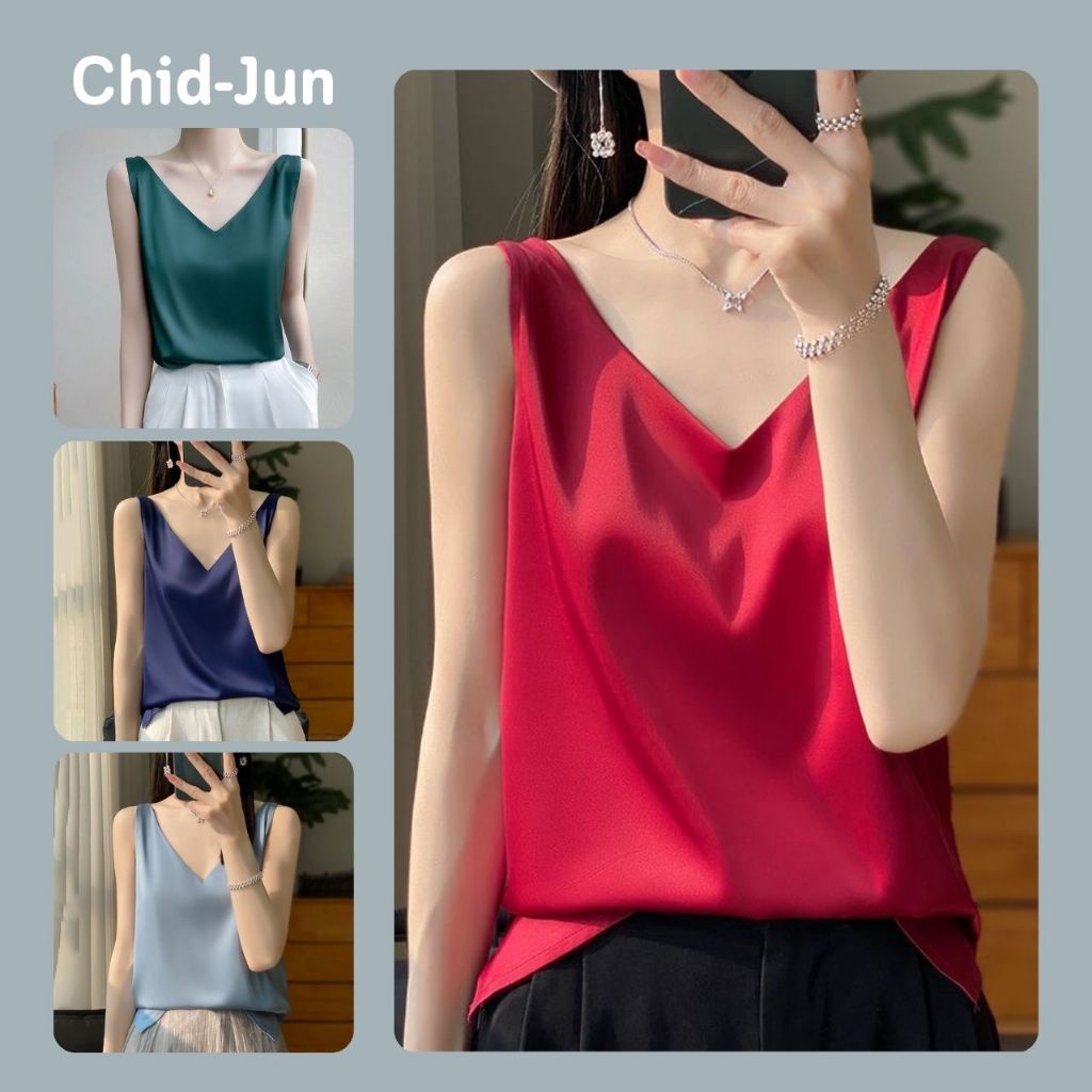 เสื้อคอวี กล้ามซาติน ผ้าเครปซาติน M-XL เรียบหรู