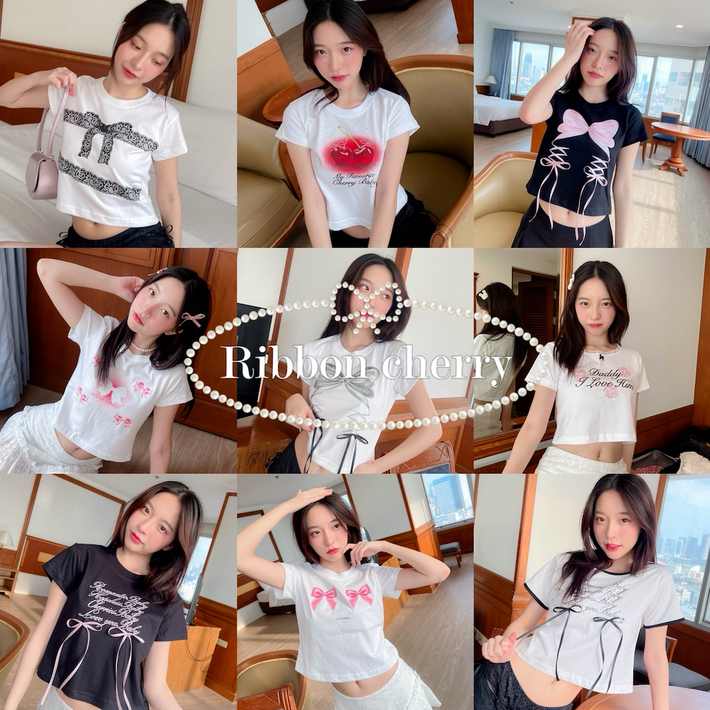 (ลด 50% ในvideo และ Live) เสื้อ 𝐛𝐚𝐛𝐲 𝐭𝐞𝐞 รุ่น Ribbon Cherry เสื้อยืด cotton อก32-34" อ่านไซส์ที่รายละเอียดสินค้า