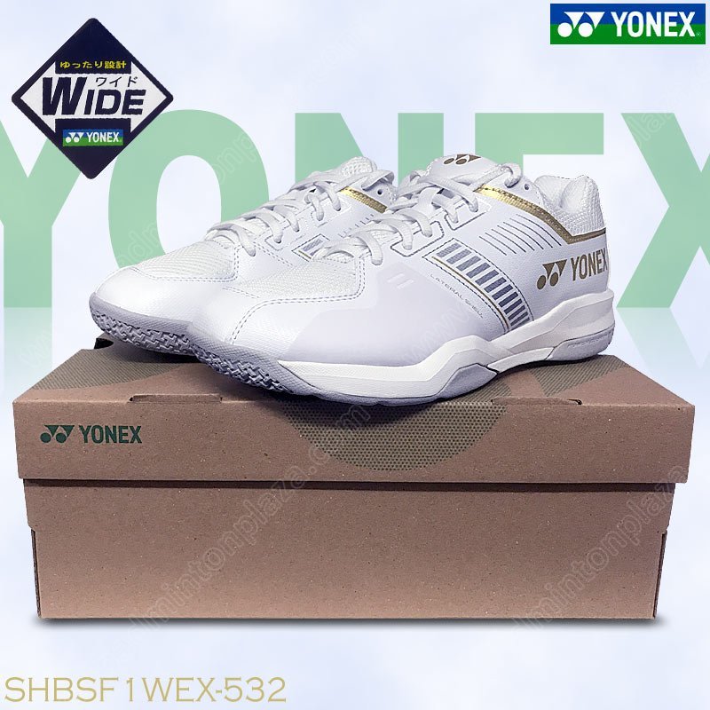 【 ของแท้ 💯% 】รองเท้าแบดมินตันโยเน็กซ์ หน้ากว้าง POWER CUSHION STRIDER FLOW สีขาว/ทอง (SHBSF1WEX-532)