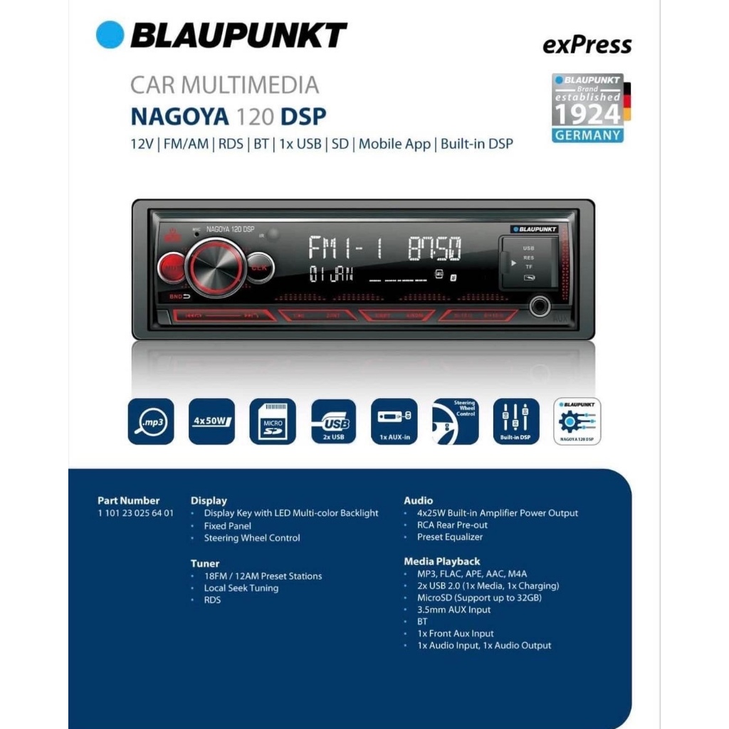 BLAUPUNKT NAGOYA 120 DSP เครื่องเล่นติดรถยนต์ 1DIN รองรับ FM/AM/2XUSB/SDHC/SWC/Bluetooth (NO CD)