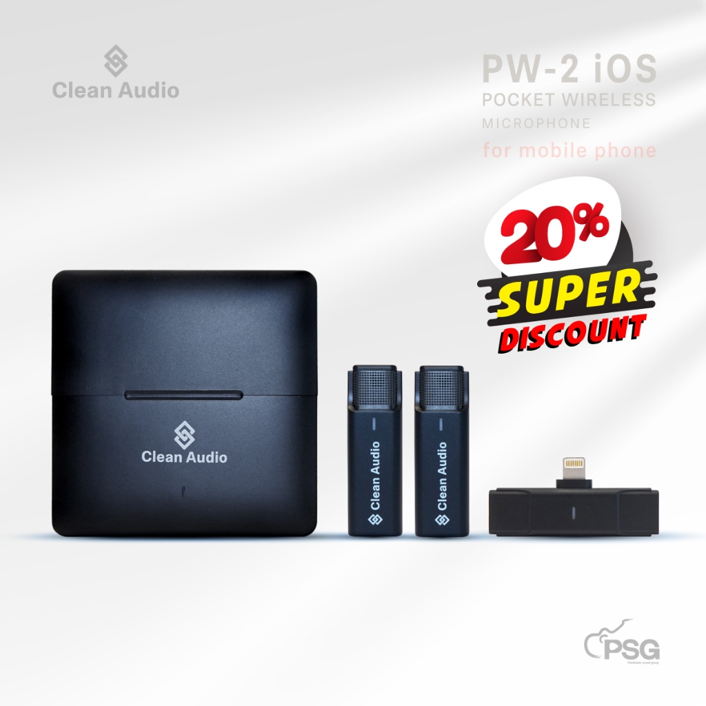 CLEAN AUDIO : PW-2 iOs ไมโครโฟนไร้สาย POCKET WIRELESS MICROPHONE สามารถใช้ได้ 2 ท่าน