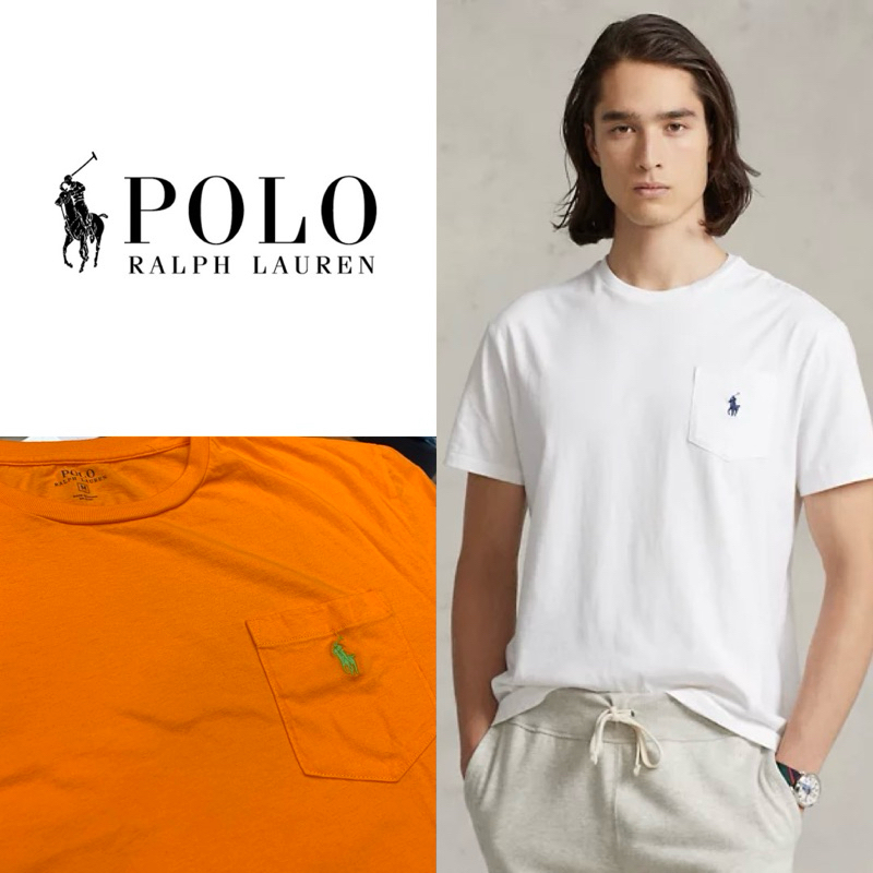 [❤️‍🔥ของแท้❤️‍🔥]POLO RALPH LAUREN เสื้อยืด คอกลม แขนสั้น มีกระเป๋า สีส้มม้าเขียว ผู้ชาย M