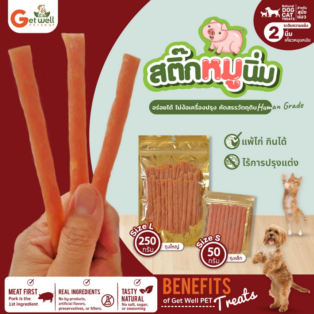 Get Well สติ๊กหมูนิ่ม ขนมหมา ขนมแมว ไม่ปรุงรส แพ้ไก่กินได้