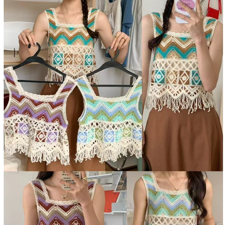 เสื้อครอปถักคอเหลี่ยมแต่งชายรุ่ย ดีไซน์น่ารักมากๆ มี2สี สีม่วง / สีเขียว พร้อมส่ง