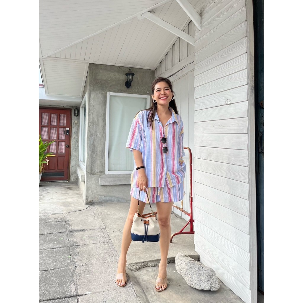 *10-459AMC Setเชิ้ต+ขาสั้นลายทางสลับสี 🌈 Lookนี้คือน่ารักมากกก 🌈 💫 #อกถึง50 เลยจ้า⭐️ #ผ้าคอตตอนอินเด