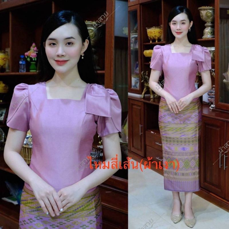 เสื้อไหม4เส้น/ไหมลาว รุ่นแขนสั้นกลีบบัว แต่งโบว์ที่ไหล่ น่ารักๆ