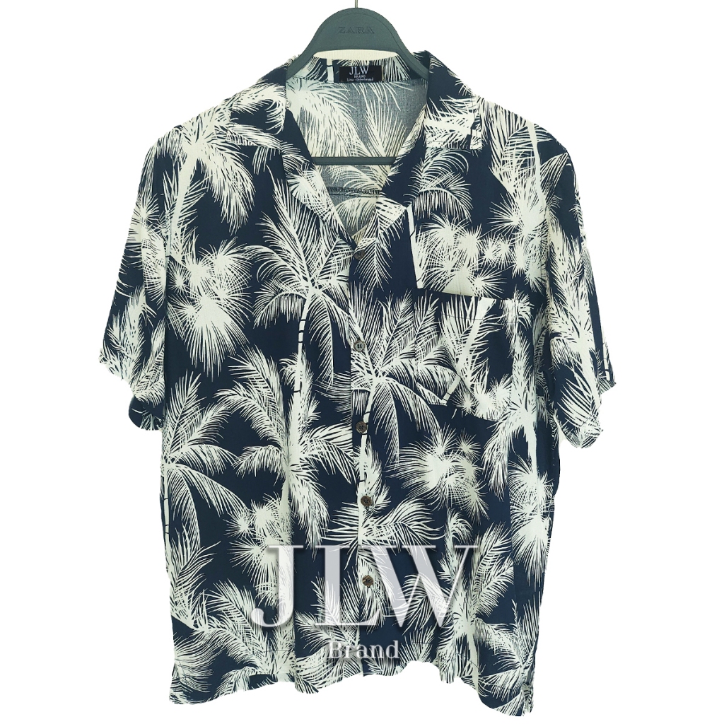 เสื้อฮาวาย ลายต้นมะพร้าว กรม ผ้านิ่มใส่สบาย JLW BRAND ผ้าเรย่อน