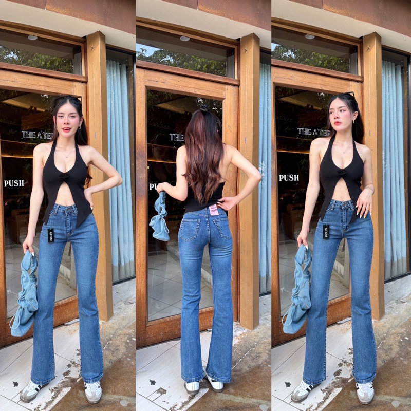 กางเกงยีนส์ขาม้าเต่อ เอวสูง ผ้ายืด รหัส6700 ป้าย Atom Jeans
