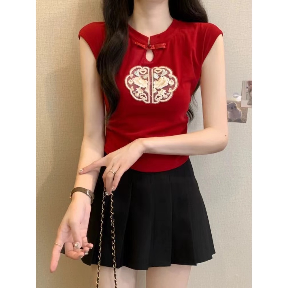 (พร้อมส่ง/ใหม่)#E316เสื้อยืดแขนสั้นผู้หญิงฤดูร้อน 2024 สไตล์ใหม่เก๋ไก๋บางและสวยงามถักด้านบน