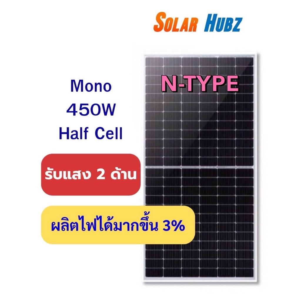 แผงโซล่าเซลล์ 450 วัตต์ (N-Type) Mono Half Cell - 144HC Bifacial 35 mm.