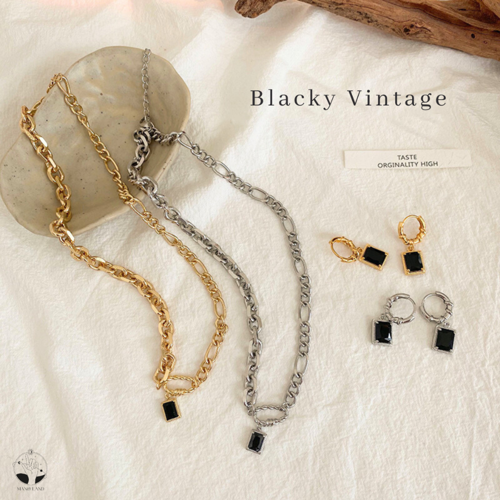 MNL💗Blacky Vintage สร้อยคอแบบโซ่ พร้อมจี้ดำ เครื่องประดับผู้หญิง แฟชั่นเงินแท้925 ไม่ลอกดำ