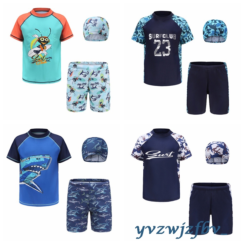จัดส่งจากประเทศไทย ชุดว่ายน้ําเด็กผู้ชาย แขนสั้น 95-165 ซม. XL-6XL พร้อมหมวก 3 ชิ้น