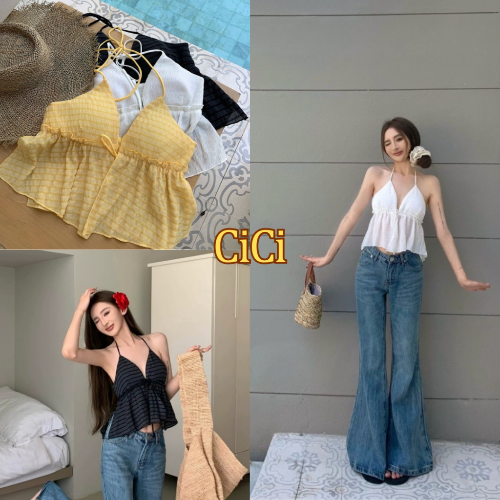 Cici (NO.J1100)บราสายเดี่ยวคล้องคอ ดีเทลปลายระบาย มีฟองน้ำในตัว