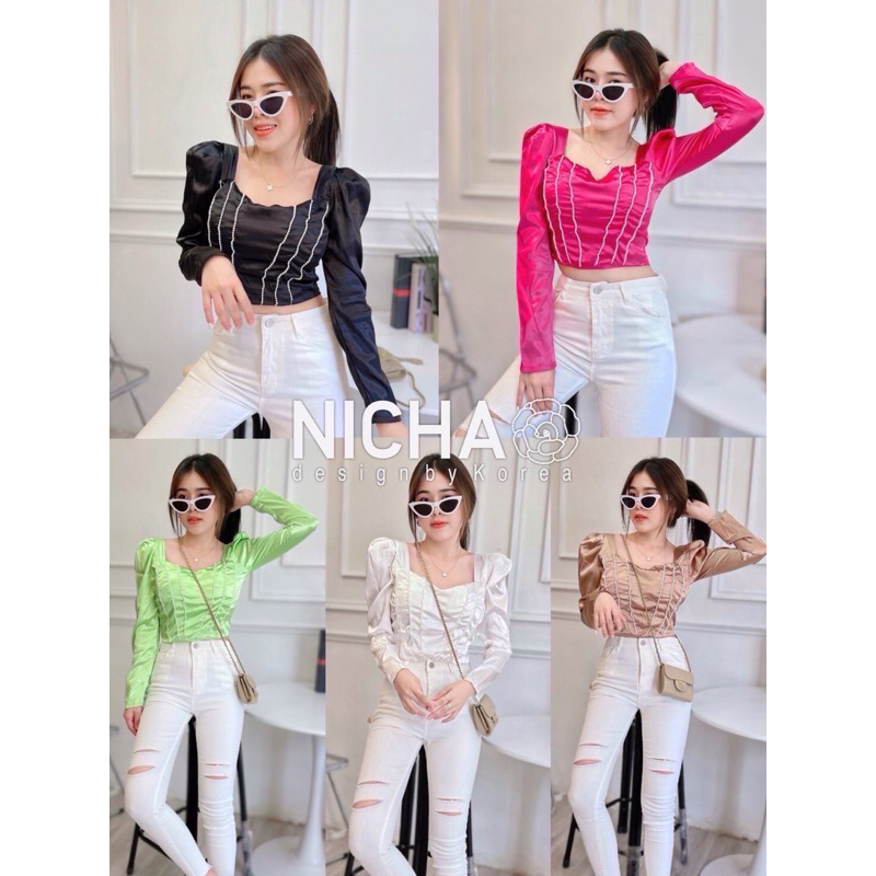 NICHA ONLINE🛒 ครอปผ้าซาติน แต่งมุขสวยเก๋ๆ เสริมฟองน้ำ มีซิปทองด้านหลังถอดได้ ใส่แล้วดูสวย ไฮโซมากค่ะ