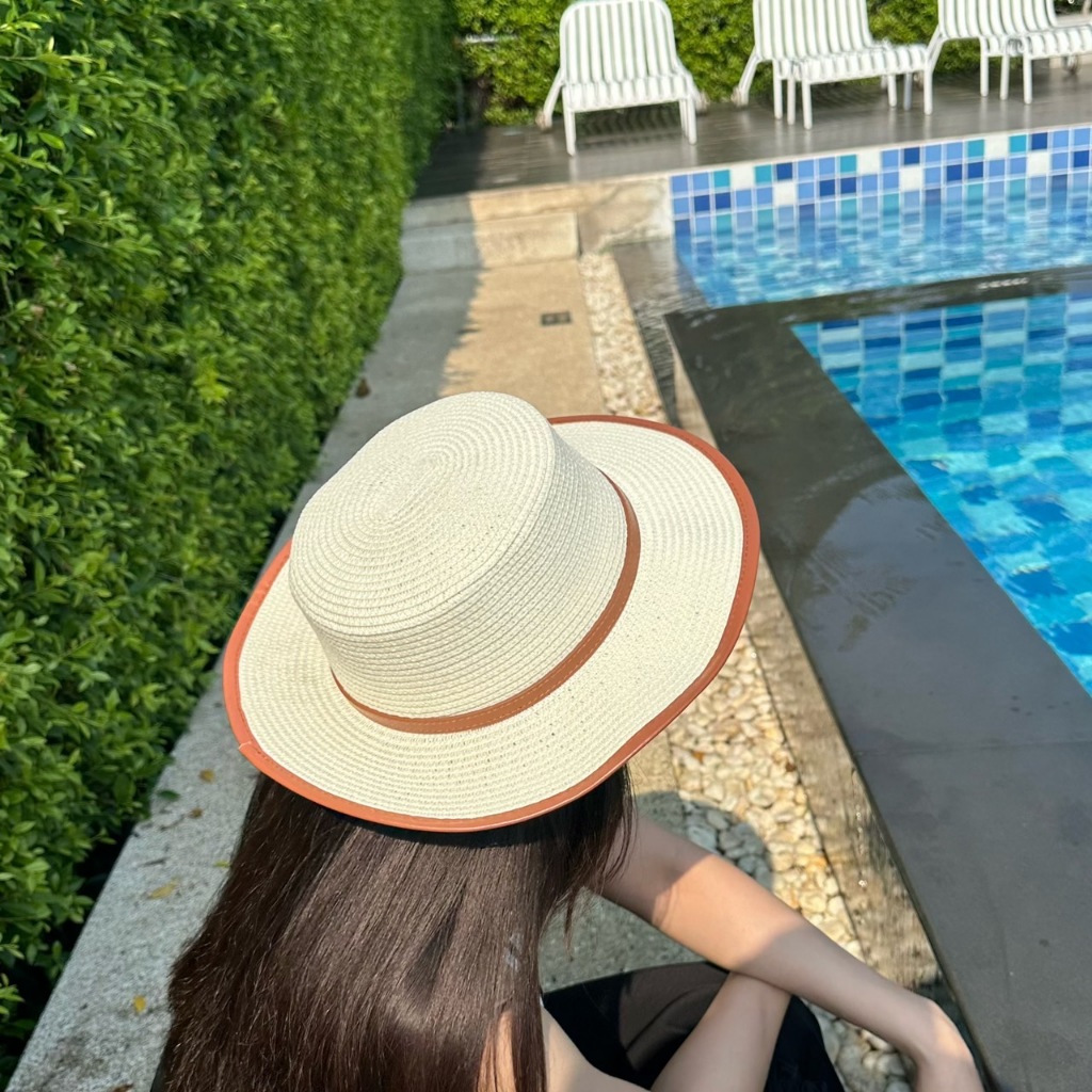 หมวกสานคัพเค้ก แต่งเข็มขัด หมวกสานผู้หญิง แฟชั่นฤดูร้อน สไตล์เกาหลี รุ่นA777 สีขาว ครีม กากี พร้อมส่