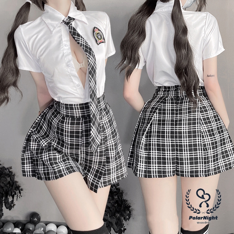 ชุดนอน cosplay JK ชุดนักศึกษา เสื้อแขนสั้น+กระโปรงลายสก๊อต พร้อมส่งจากไทย（H9308）