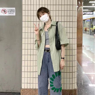 fashiongirl1688 เสื้อเชิ้ตแขนสั้น ลำลอง ลายทาง ลายริ้ว สีสันน่ารัก สไตล์เกาหลี สาวๆห้ามพลาด สั่งเลย