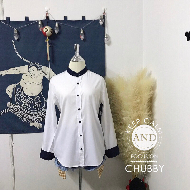 เสื้อเชิ้ตคอสูงคอจีนคอปีน สีทูโทน ขาว-กรม ใส่ได้ทั้งหญิงและชาย