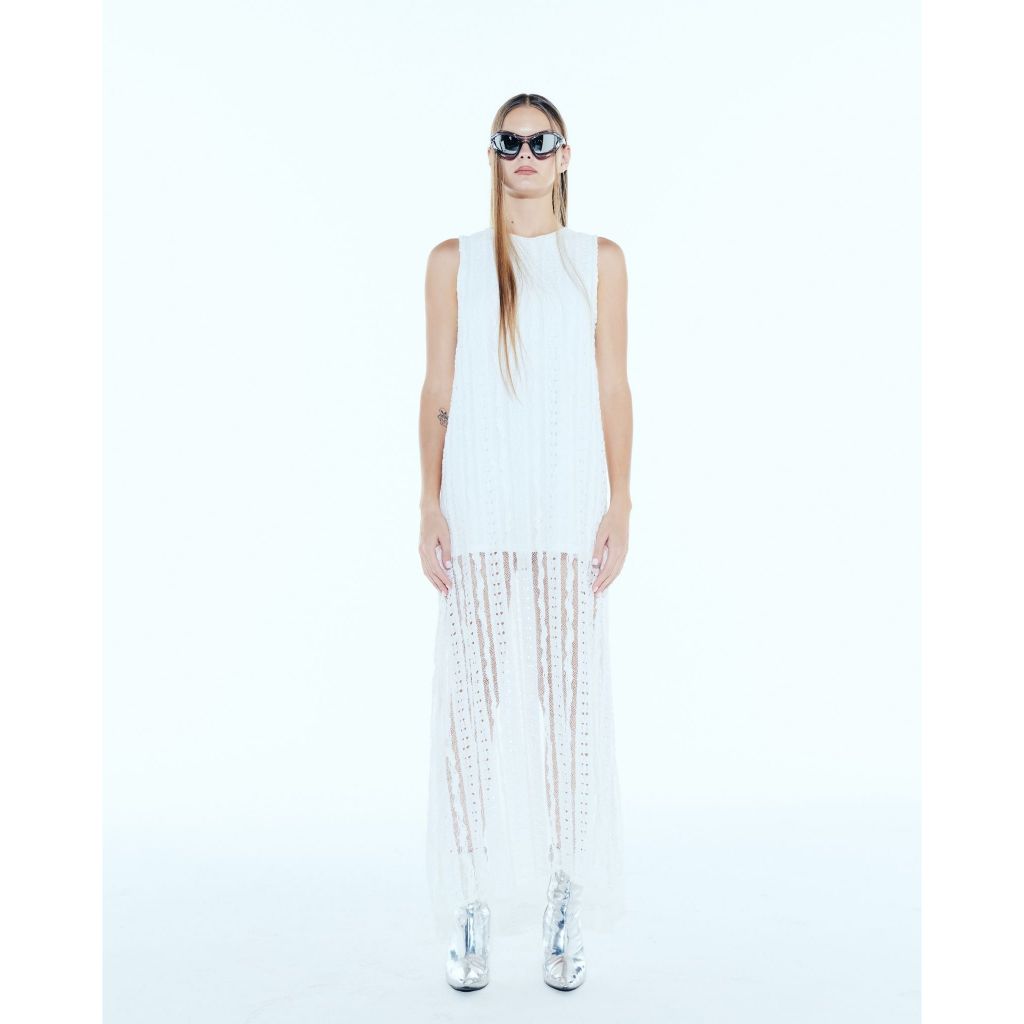 The SRT X12 (TDS211) Time White Lace Dress เสื้อเดรสแขนกุดผ้าลูกไม้สีขาวลายทาง มีซับในผ้าคอตตอน มีกร