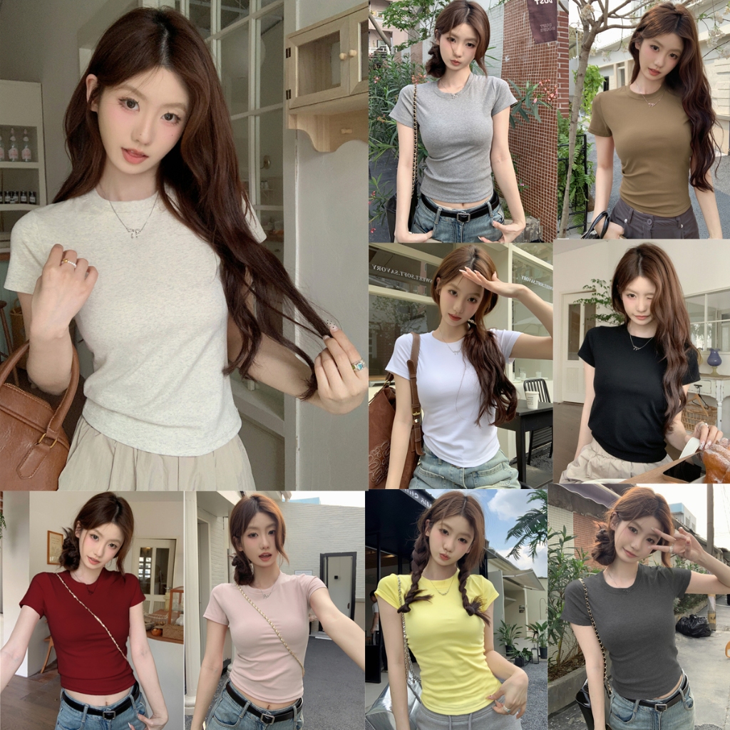15สี เสื้อยืดผู้หญิง ดูผอมลงเสื้อยืดฝ้ายขาว คอกลม สีพื้น สวมใส่สบาย ทรงสลิมฟิต #60227