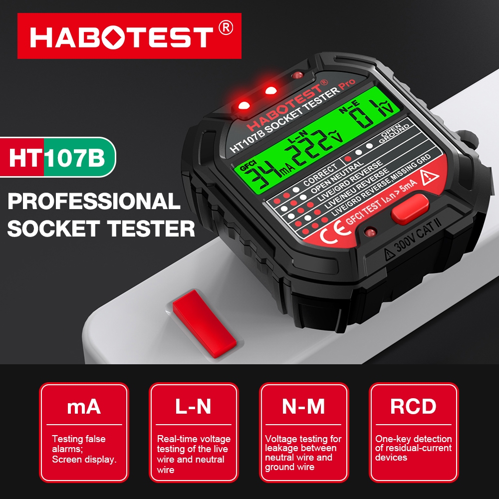 HABOTEST HT107B เครื่องเทสปลักไฟ ตัวเทสต์ปลั๊ก SOCKET TESTER Thunelectric ปลั๊กเทสไฟ มัลติมิเตอร์ดิจิตอล